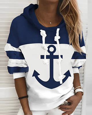 Anchor Print Striped Hoodie