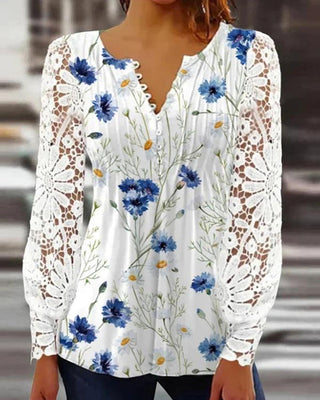 Floral Print V-Neck Lace Top