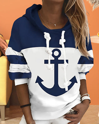 Anchor Print Striped Hoodie