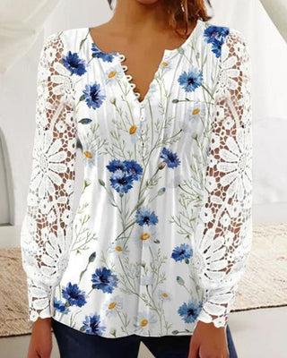 Floral Print V-Neck Lace Top