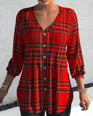 Plaid V-Neck Button-Down Blouse