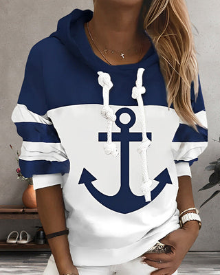 Anchor Print Striped Hoodie