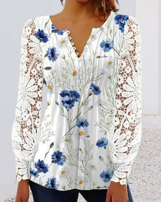 Floral Print V-Neck Lace Top