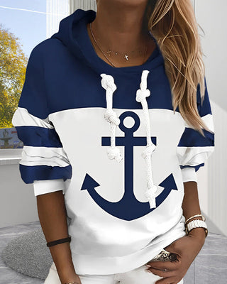 Anchor Print Striped Hoodie